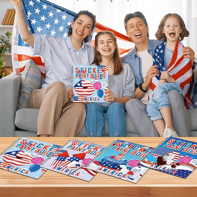 4Pcs Patriotic Paint by Sticker Books Sticker by Number Books Activity Book Puzzle Book Craft Art Gift Memorial Day 4th of July American Star 32 Pictures
