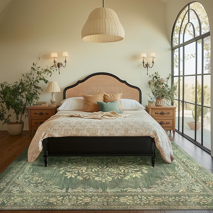 jinchan Floral 6x9 Green Area Rugs for Living Room - Machine Washable Vintage Distressed Design Soft Throw Rug Non-Slip Large Carpet for Bedroom Dining Room Home Office Nursery (6x9ft,Dark Green)