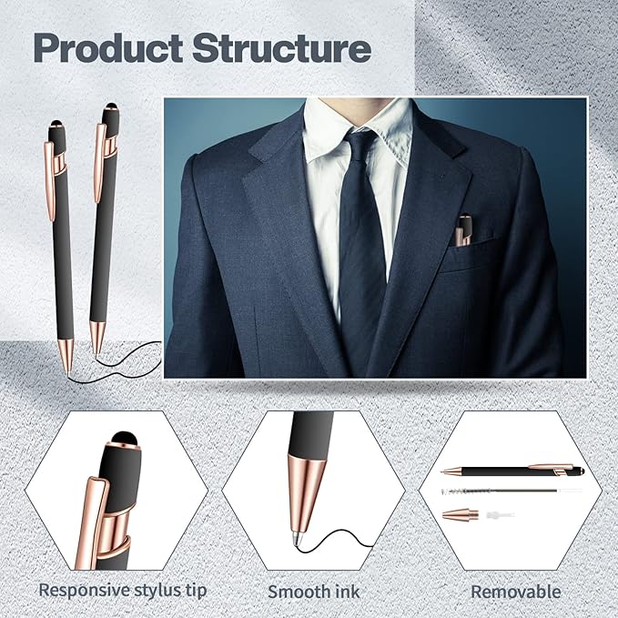 8 Pieces Ballpoint Pen with Stylus Tip Black Ink 2 in 1 Stylus Metal 1.0 mm Medium Point Smooth Pen Rainbow Colorful Rubberized Ballpoint for Touch Screen Tablet(Gray)