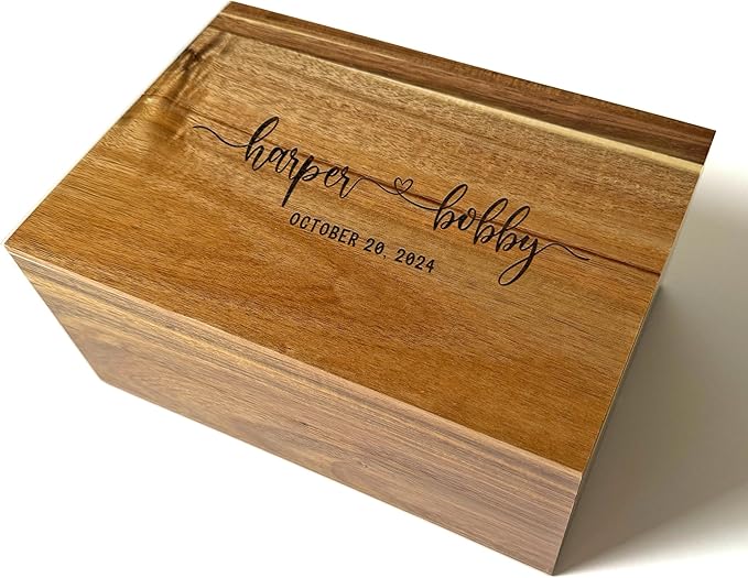 Keepsake Box for Couple - Engraved Memento Box w/ Couples Names, Anniversary Wedding Gift for Couple, Acacia Wood Love Chest, Time Capsule, Custom Heirloom Storage, Hidden Message, 11 x 8 x 4.75 in