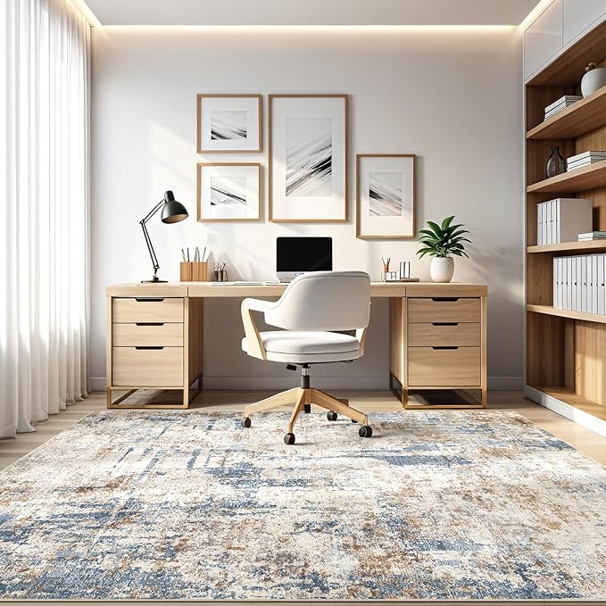 4x6 Rug Washable Area Rugs: Abstract Modern Soft Stain Resistant Indoor Floor Accent Non Slip Carpet for Living Room Entryway Kitchen Bedroom Nursery Office Bedside Home House Decor- Tan