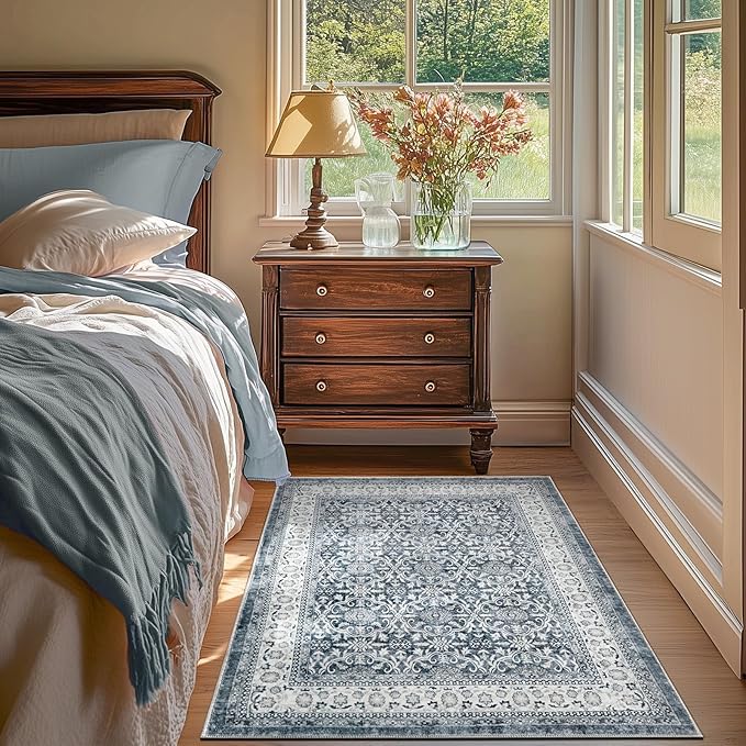 jinchan Floral 3x5 Area Rugs for Entryway - Taupe Vintage Distressed Design Doormat Non-Slip Ultra-Thin Low Pile Boho Rug for Kitchen Living Room Bedroom Farmhouse (3‘x5',Grey)