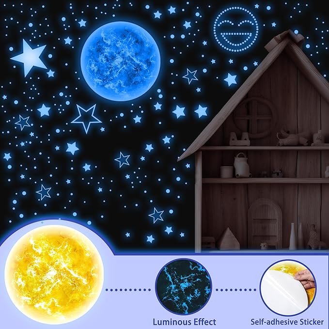 965 PCS Glow in The Dark Stars and Sun for Ceiling, Luminous Stars and Planet Wall Decals, Kids Room Decor, Glowing Galaxy Wall Stickers for Nursery Decorations (Blue)