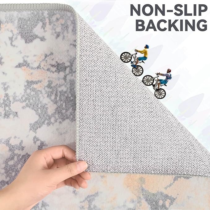 8x10 Grey Area Washable Rugs for Living Room, Abstract Modern Non Slip Bedroom Rugs, Neutral Large Low Pile Carpet Stain Resistant for Dining Room, Kids Playroom, Office