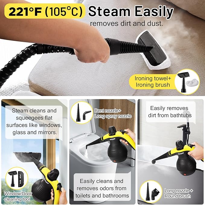 Handheld Steam Cleaner, Steamer for Cleaning, Multipurpose Portable Steam Cleaners for Home Use with Safety Lock and 10 Accessory Kit to Remove Grime, Grease, and More, Save Time and Effort