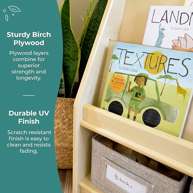 Guidecraft EdQ Book and Bin Display Natural with 3 Fabric Storage Bins: Wooden Multi-Purpose Bookcases and Toy Storage Organizer; Homeschool and Classroom Furniture