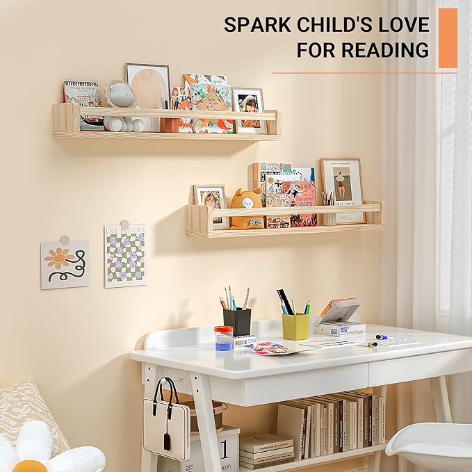 Heimlove Nursery Floating Shelves, Wood Nursery Book Shelves for Wall, 32 inch Wall Bookshelf for Kids Solid Wood Shelves for Books,Toys and Decor Storage, Set of 3