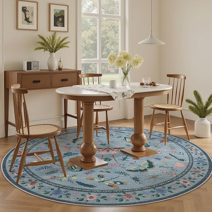 4ft Washable Round Rug - Bug Rugs for Living Room Non-Slip Low Pile Soft Ultra-Thin Machine Washable Circle Carpet for Bedroom, Entryway, Nursery, Kitchen, Home Office (4' Round Blue)