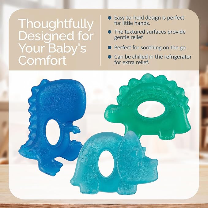 Itzy Ritzy Water-Filled Teethers - Cold Cutie Coolers Textured On Both Sides to Massage Sore Gums & Emerging Teeth - Can Be Chilled in Refrigerator, Set of 3 Coordinating Dinosaur Water Teethers