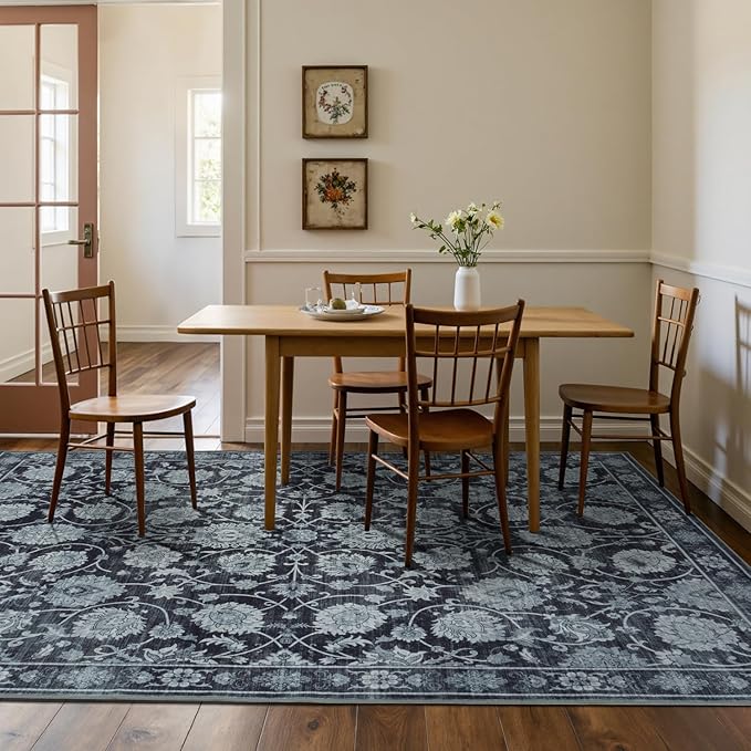 6x9 Area Rug for Living Room & Bedroom, Washable Non-Slip Vintage Distressed Rugs, Floral Soft Carpet, Low Pile Wool Carpets for Indoor Dining Home Office Playroom Under Table, Black