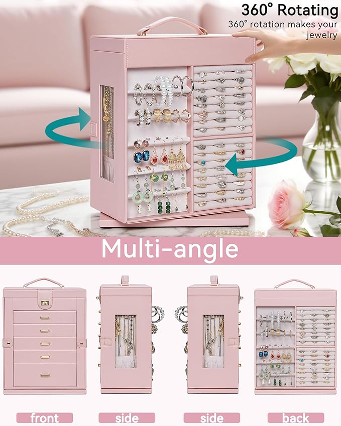 AKOZLIN 360° Rotating Jewelry Box 6-Tier Organizer Functional Jewelry Storage Case for Women Girls Ring Necklace Earring Bracelet Holder with Mirror Pink