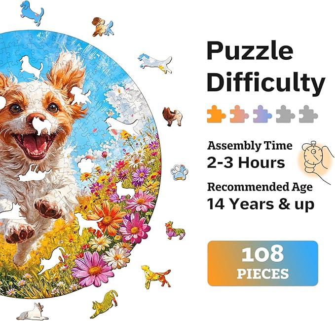 Jigfoxy Wooden Puzzles for Adults, Running Puppy Wood Puzzles Adult, Unique Animal Shape Wooden Jigsaw Puzzles for Adults, Birthday Gifts for Puzzle Lovers, Family, Friend (S-8 * 8.3in-108pcs)