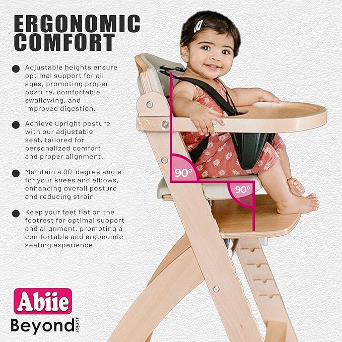 Abiie Beyond Junior Wooden High Chair with Tray - Adjustable and Convertible High Chair for Babies and Toddlers - 6 Months to 250 Lb - Water Resistant - Mahogany Wood/Olive Cushion