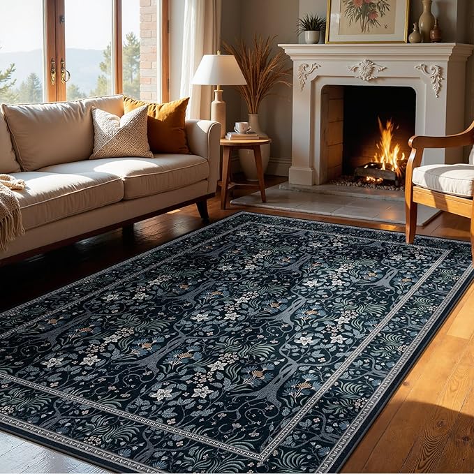 Joydeco Machine Washable Area Rugs 5x7, Boho Floral Rug for Bedroom Non Slip, Soft Forest Botanical Low-Pile Floor Indoor Throw Carpet for Living Dining Room Dorm Office, Blue-Black