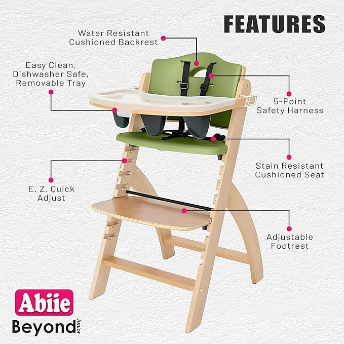 Abiie Beyond Junior Wooden High Chair with Tray - Adjustable and Convertible High Chair for Babies and Toddlers - 6 Months to 250 Lb - Water Resistant - Natural Wood/Olive Cushion