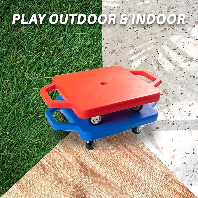 2 Plastic Scooter Boards with Handles for Kids Sitting and Sports Training, with 1 Ring, 2 Ropes and 4 Beanbags, Indoor and Outdoor Play