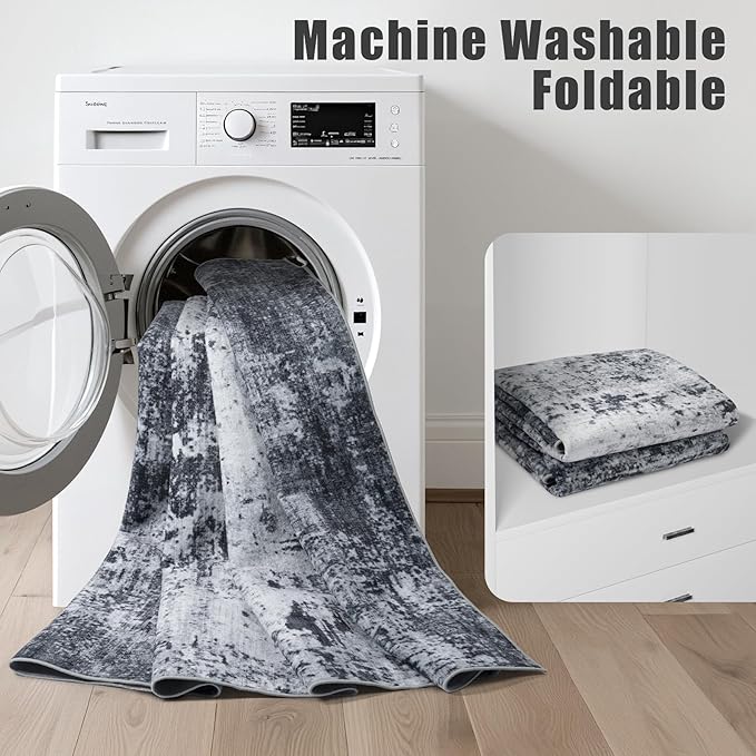 5x7 Area Rug Living Room Rug: Washable Modern Abstract Soft Thin Rug Indoor Floor No Slip Stain Resistant Carpet for Bedroom Dining Room Farmhouse Nursery Home Office - Dark Black