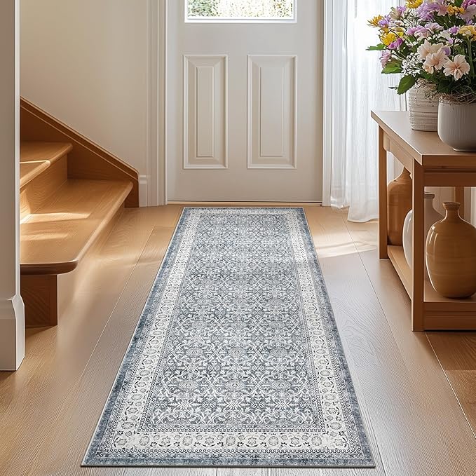 jinchan Runner Rug 2x6 - Machine Washable Grey Vintage Floral Distressed Design Soft Non-Slip Low-Pile Ultra-Thin Runner Rug for Kitchen Hallway Laundry Room Entryway Farmhouse (2‘x6',Grey)