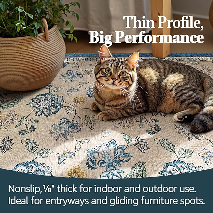 jinchan Floral Corner Rug for Living Room Washable Bedroom Rug Vintage Romance Design Non Slip Quarter Circle Lightweight Low-Pile Throw Carpet for Reading Nook Playroom,6ft Radius, Blue/Beige