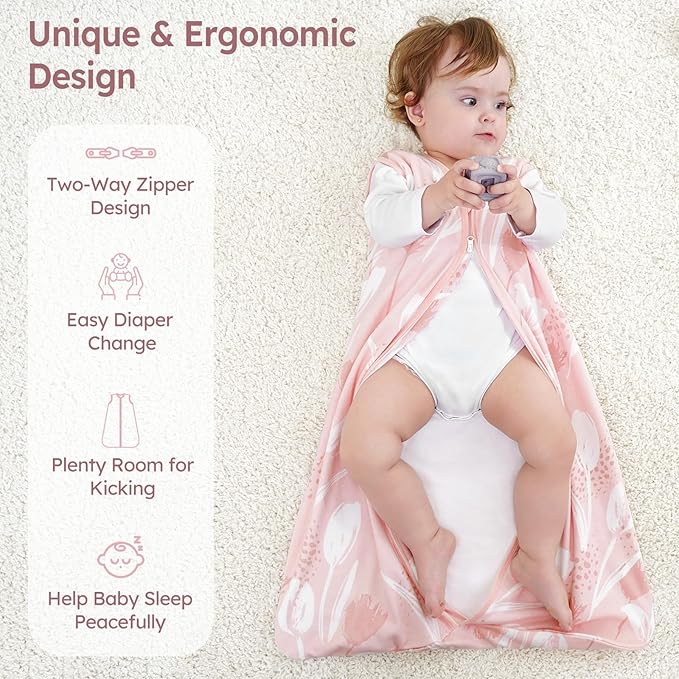 Baby Sleep Sack 6-12 Months 3 Pack 100% Cotton Lightweight 0.5 TOG Wearable Blanket Baby Sleep Bag with 2-Way Zipper for Newborn Infant Pink Flowers & Leaf