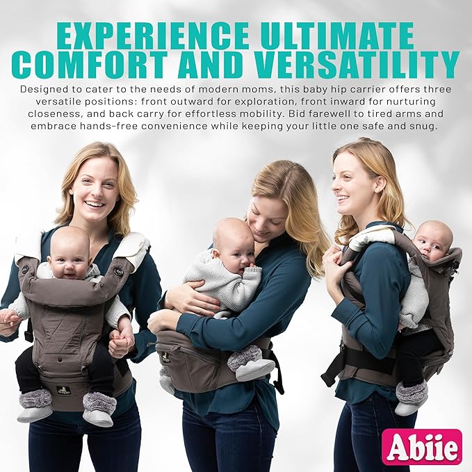 Abiie HUGGS 3-in-1 Baby Carrier w/Hip Seat - Front Facing, Hip Hugger, Back Baby Carrier - Healthy Sitting (M) Position, 3 Mos.-Toddler - Buckle Type Closure - Approved by US Safety Standards - Gray