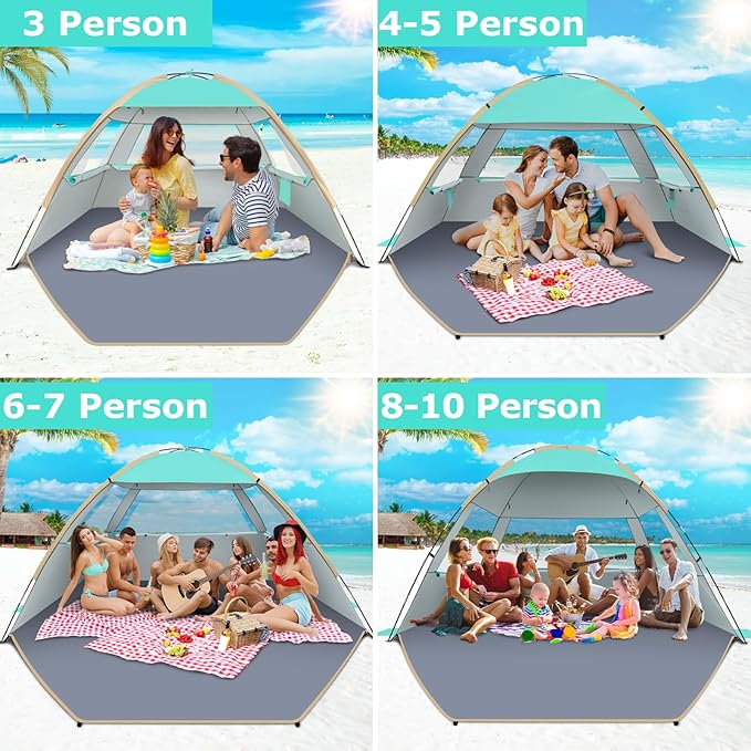 Gorich Beach Tent Sun Shelter for 3/4-5/6-7/8-10 Person with UPF 50＋ UV Protection, Lightweight & Easy Setup Beach Shade Canopy, Portable Beach Shade Tent Beach Cabana