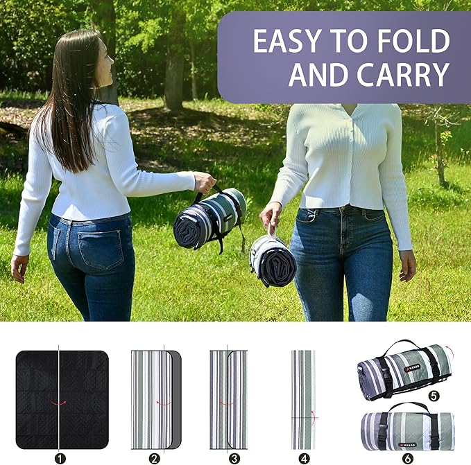 HX&OD Outdoor Picnic Blanket Extra Large, 80''*60'' Waterproof Picnic Mat with Stakes Foldable Camping Blanket Portable with Carry Strap for Beach Mat (Green& White, 80''*60'')