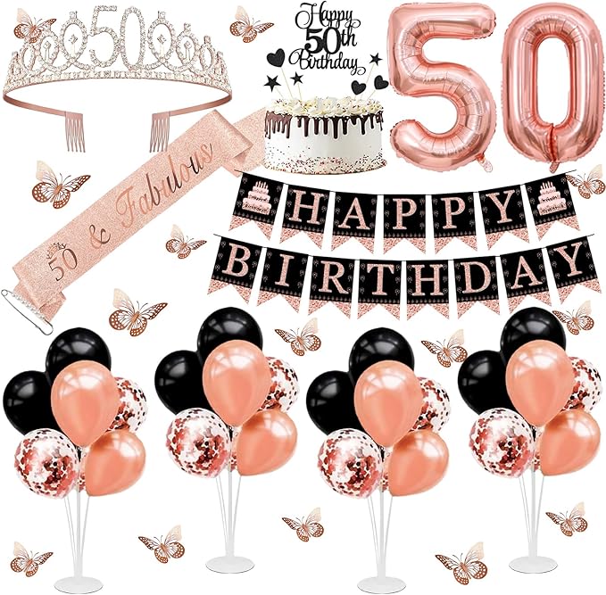 50th Birthday Decorations for Women - 56pcs Rose Gold Happy 50th Banner, 50th Birthday Crown Sash, Cake Topper, Number 50 balloons, 3D Butterflies, 4 Balloon Stands kits