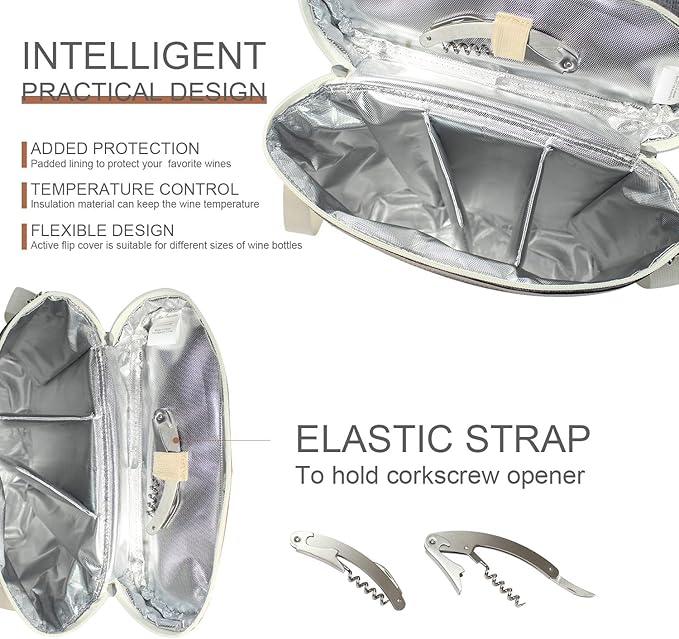 3 Bottle Insulated Wine Tote Carrier Bag, Portable Travel Padded Wine Cooler - Corkscrew Opener, Handle and Adjustable Shoulder Strap, Wine Lover Travel Picnic Party Wedding Wine Tote Grey