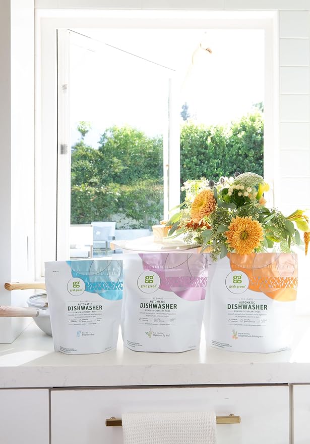 Grab Green Automatic Dishwashing Detergent Pods, 24 Count, Thyme Fig Leaf Scent, Plant and Mineral Based, Superior Cleaning, Powerful Grease Removal,