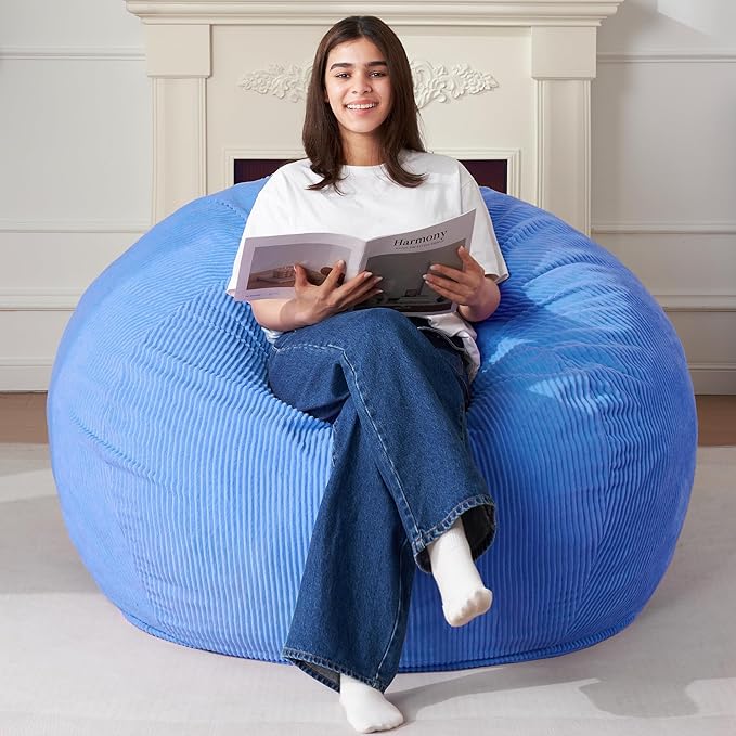 Homguava 3.5FT Bean Bag Chair: Teardrop Bean Bags with Memory Foam Filled, Compact Beanbag Chairs Soft Sofa with Corduroy Cover (Blue)