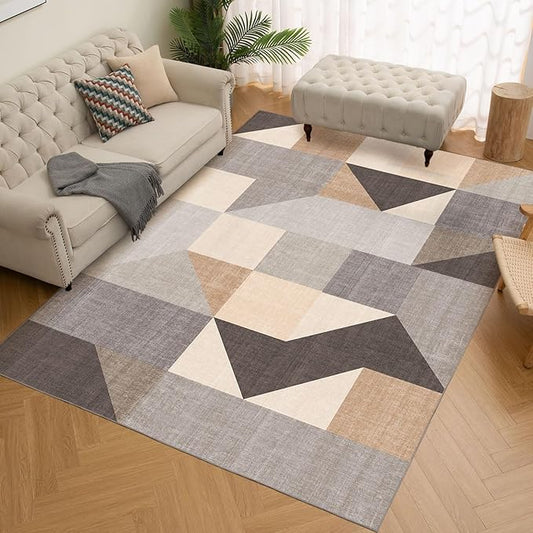 HOMFINE Washable Modern Area Rug - Geometric Style 6x9 Rugs for Living Room, Bedroom, Machine Washable Rug Soft Non Slip Non Shedding Area Rug - Grey Brown, 6'x9'