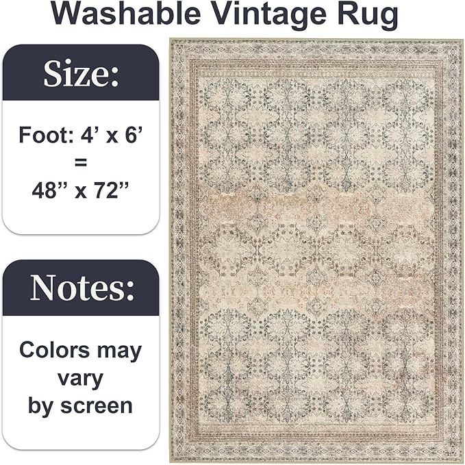 4x6 Area Rug for Bedroom Machine Washable, Non Slip Vintage Floral Kitchen Rugs for Dining Room, Rustic Indoor Floor Carpet for Nursery, Farmhouse, Office Classroom Beige/Pink/Orange