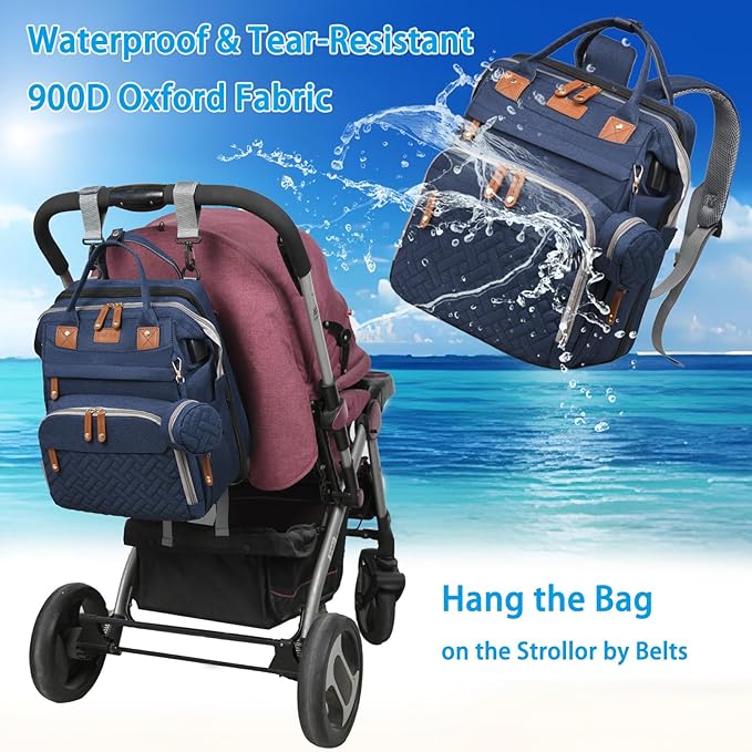 Jeryswet Baby Diaper Bags with Changing Station, Waterproof Large Capacity Diaper Bag Backpack for Moms Dads with USB Charging Port and Stroller Straps, Baby Shower Gifts, Blue