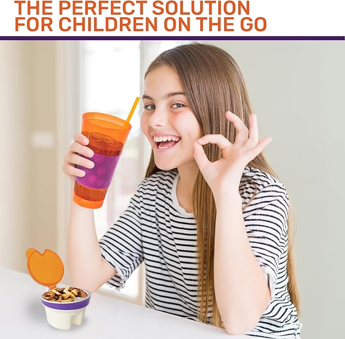 2 in 1 Snack Drink Cup Kids Spill Proof Tumbler Plastic Straw Lid Locks 16 Oz