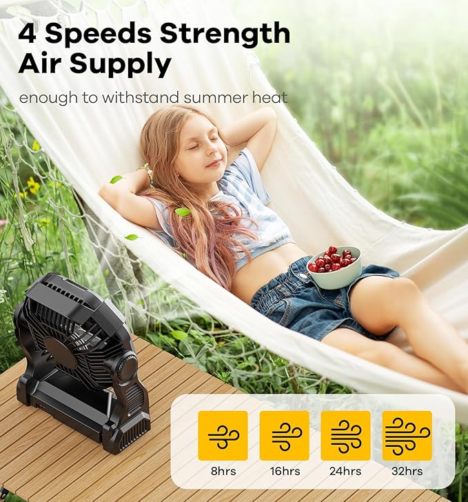 15000mAh Portable Battery Powered Camping Fan - with LED Light, Quiet Battery Operated, Camping Gear for Travel, Tent, Beach, Car or Hurricane Power Outages，Black