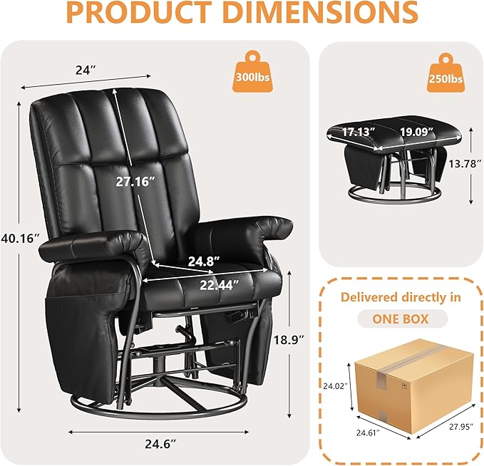 JIASTING 360° Swivel Recliner Chair with Ottoman & Double Side Pockets, Nursing Glider Rocking Recliner Chair, Gliding Chair for Nursery, Living Room, Office, Bedroom, Metal Frame (Black 1)