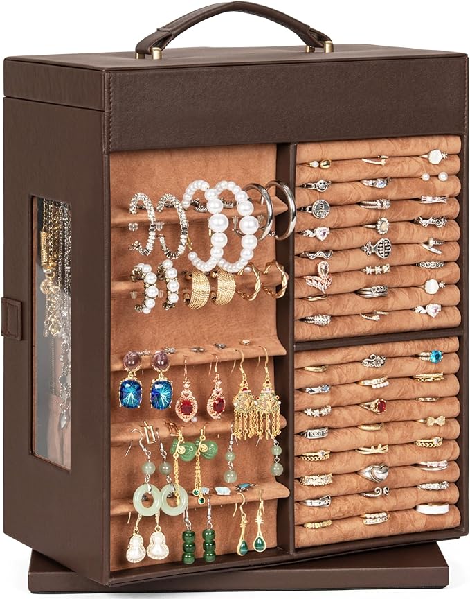 AKOZLIN 360° Rotating Jewelry Box 6-Tier Organizer Functional Jewelry Storage Case for Women Girls Ring Necklace Earring Bracelet Holder with Mirror Brown