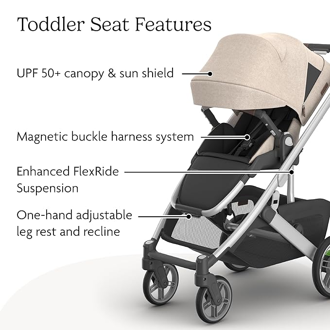 UPPAbaby Cruz V3 Stroller - from Birth + Car Seat Compatible - Full-Size, Reversible Seat - Infant Insert, Bug and Rain Shields Included - Declan (Oat Mélange/Silver Frame/Chestnut Leather)