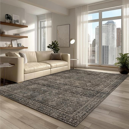 4x6 Washable Area Rug for Living Room, Carpet for Bedroom, Soft Faux Wool Retro Dining Room Rug, Non Slip&Non-Shedding Resistant Low Pile Vintage Print Rug for Home Office (Brown)