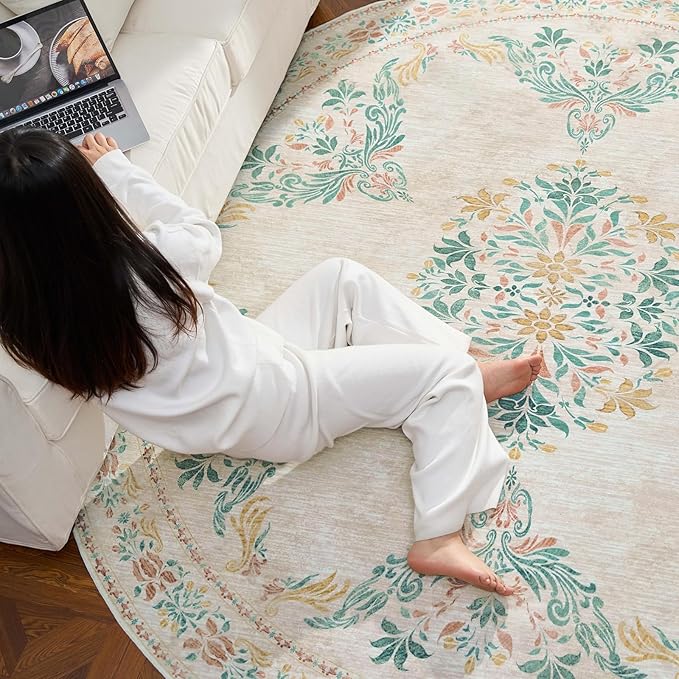 jinchan Round Rug 6ft Area Rugs Vintage Floral Distressed Design,Machine Washable Soft Non-Slip Low-Pile Ultra-Thin Circle Rug for Bedside Living Room Dining Room Bedroom (6' Round, Apricot Multi)