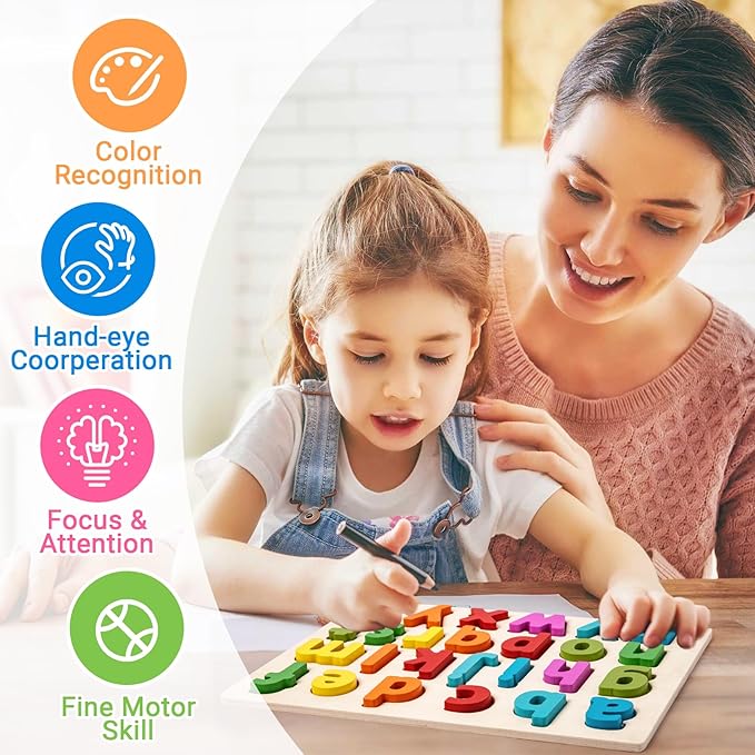 Alphabet Puzzle Wooden Puzzles for Toddlers 3 4 5 Year Old, ABC Puzzle Shape Alphabet Learning Puzzles Toys with Puzzle Board & Letter Blocks for Preschool Girls Boys Lowercase Letter Puzzle