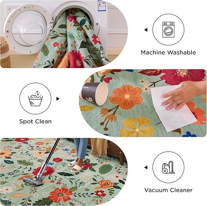 5x7 Washable Rug for Living Room, Green Floral Area Rug, Non Slip Low Pile Soft Flower Carpet, Large Rugs for Bedroom, Dining Room, Office, Kids Playroom, Nursery, Sage Green