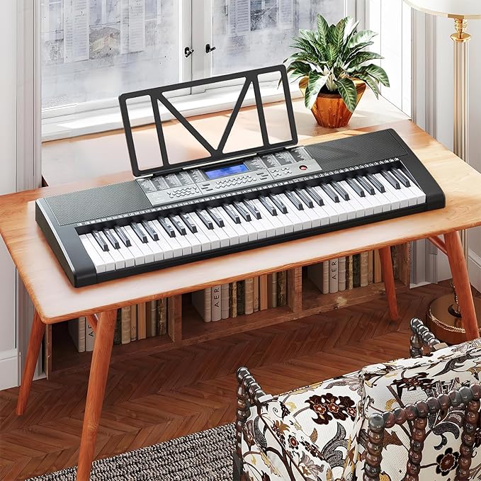 61 Key Piano Keyboard, Electric Keyboard Piano with Light-Up Keys, 255 Tones/Rhythms, Smart Learning System, Headphone, Microphone, Keyboard Stand, Stool, Stickers, Piano Keyboard Set for Beginners