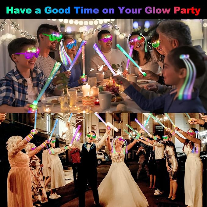 290 PCS Glow in the Dark Party Supplies, 200 Glow Sticks, 24 Fiber Optic Wands, 15 LED Glasses, 33 Finger Lights and 18 LED Hair Clips for Wedding, Birthday, Concert, Raves, New Year