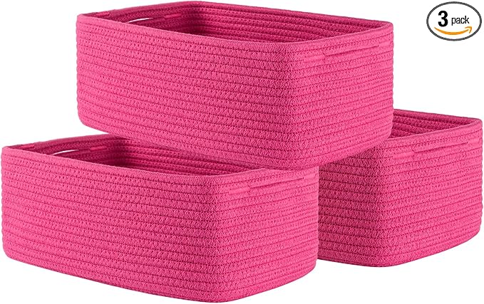 KALLAX Small Woven Basket, 13.5 x 9.5 x 5 Inches, Storage Basket for Organizing, Cute Small Rope Shelf Closet Cube Storage Bins Baskets for Shelves, Dog Toy Gift Baskets Empty, 3 Packs, Hot Pink
