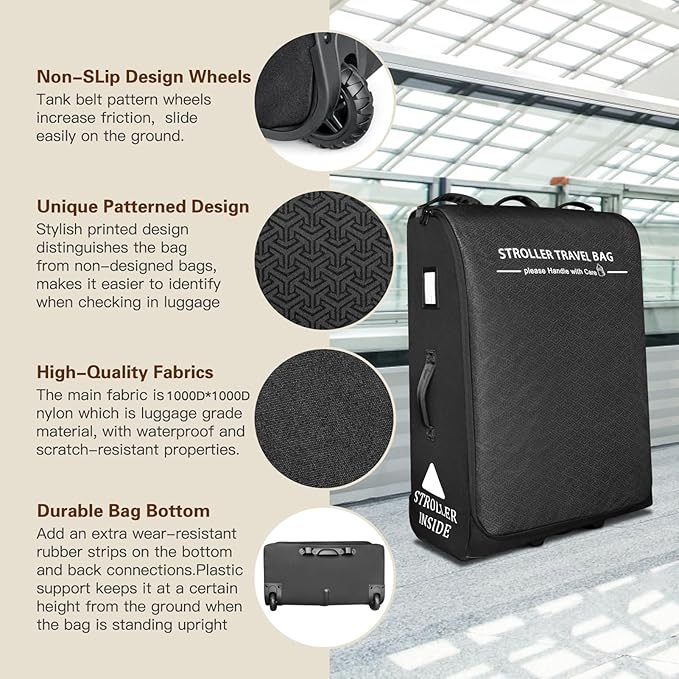 RAYMACE Padded Stroller Travel Bag for Airplane,Stroller Gate check bag with Wheels Compatible with UPPAbaby Vista,Vista V2,Cruz,Cruz V2, Travel Safe Protection Storage Bag,Patterned Design,Black