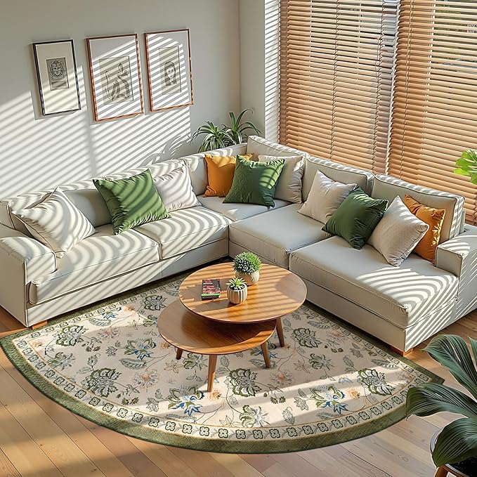 jinchan Floral Corner Rug for Kitchen Washable Nursery Rug Vintage Romance Design Non Slip Quarter Circle Lightweight Low-Pile Throw Carpet for Playroom Reading Nook Office, 5ft Radius, Green/Beige