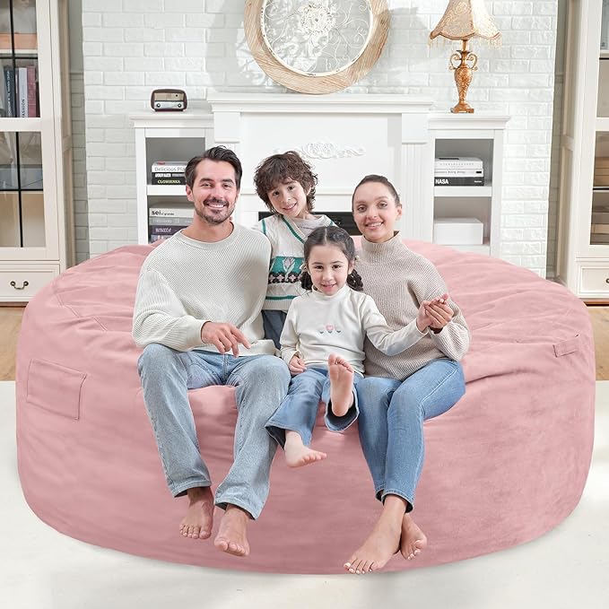 6FT Bean Bag Chair, Large Bean Bag Chairs with Memory Foam Filled, Fluffy Beanbag Sofa with Dutch Velvet Cover, Round BeanBag Chairs for Living Room, Playroom- Light Pink