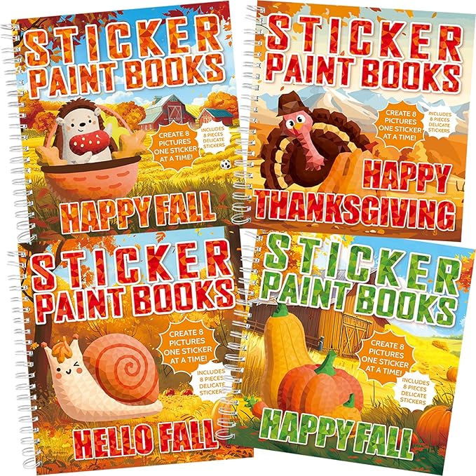 4PCS Thanksgiving Paint by Sticker Books Crafts for Kids Ages 4-8 Fall Sticker by Number Books Activity Book for Kids Age 3-5 Puzzle Book Craft Art Toddler Gift with Turkey Pumpkin 32 Pictures